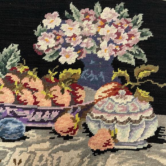 Vintage Needlepoint Canvas of Flowers and Fruit on Table - 1965 - Picture 3 of 5
